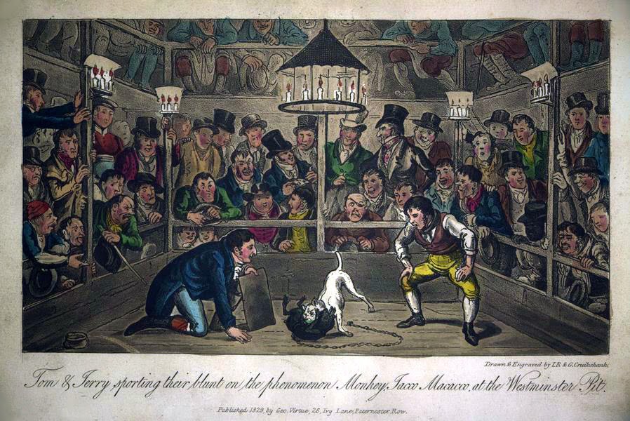 Koiran ja apinan välinen tappelu Westminster Pit -areenalla Lontoossa vuonna 1821